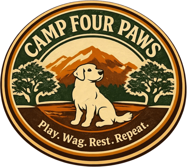 Logo of Camp Four Paws with a dog and mountain scene.
