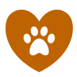 An orange heart with a green paw print inside.