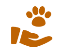 A hand holding a paw symbolizing pet care.